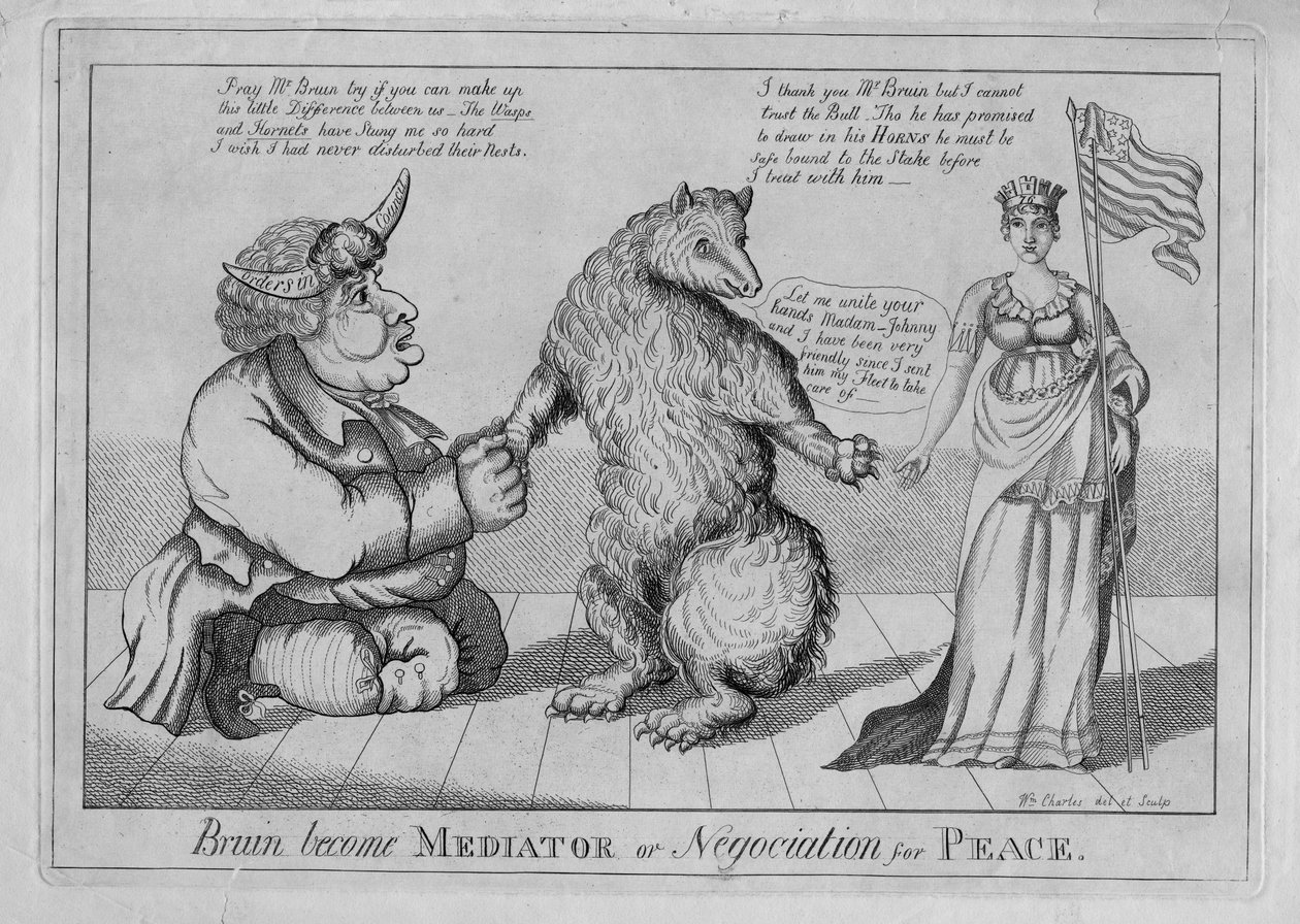 Bruin ble mekler eller fredsforhandling, ca. 1813 av American School