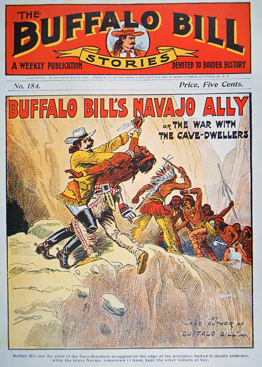 Buffalo Bill's (1864-1917) Navajo Ally, omslagsillustrasjon fra 'Buffalo Bill Stories', ca. 1890 (litho-farge) av American School