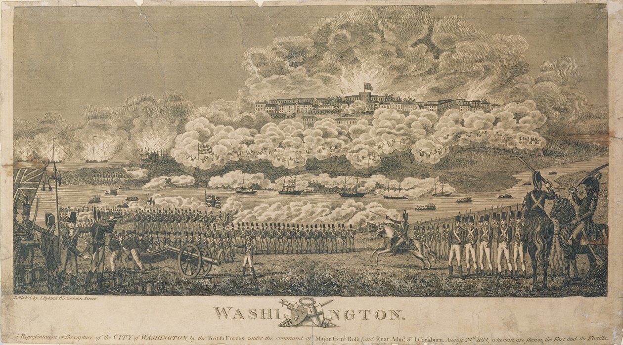 Burning of Washington av britene, 24. august 1814, utgitt av I. Ryland av American School