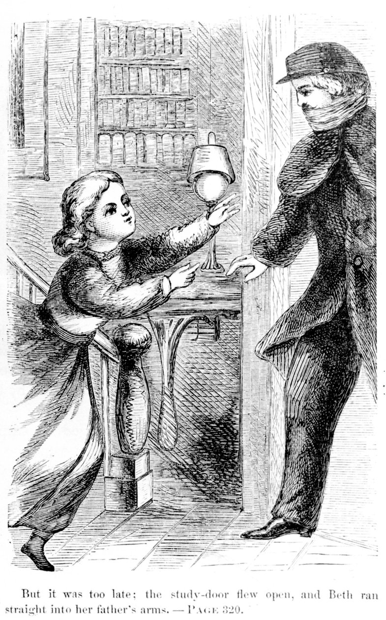 Men det var for sent: studietrekningen fløy åpen, og Beth løp rett inn i farens armer, 1868 av American School