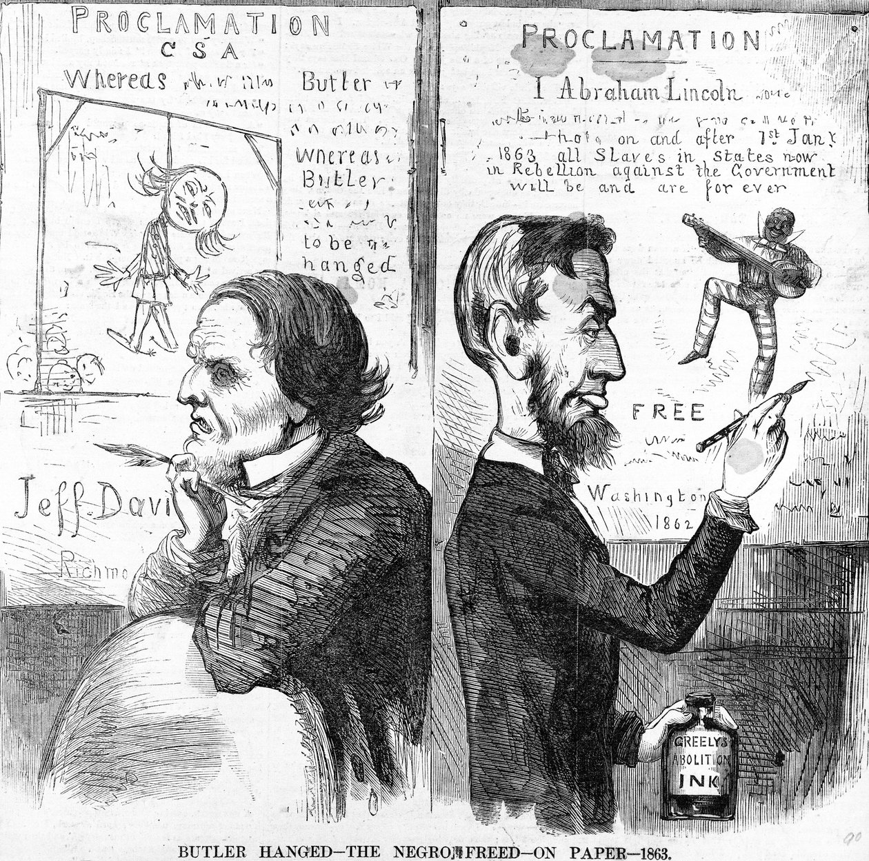 Butler Hanged, The Negro Free, på papir, 1863 av American School