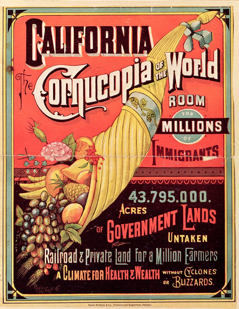 California, Cornucopia of the World, utgitt av Rand McNally & Co., ca. 1870 av American School