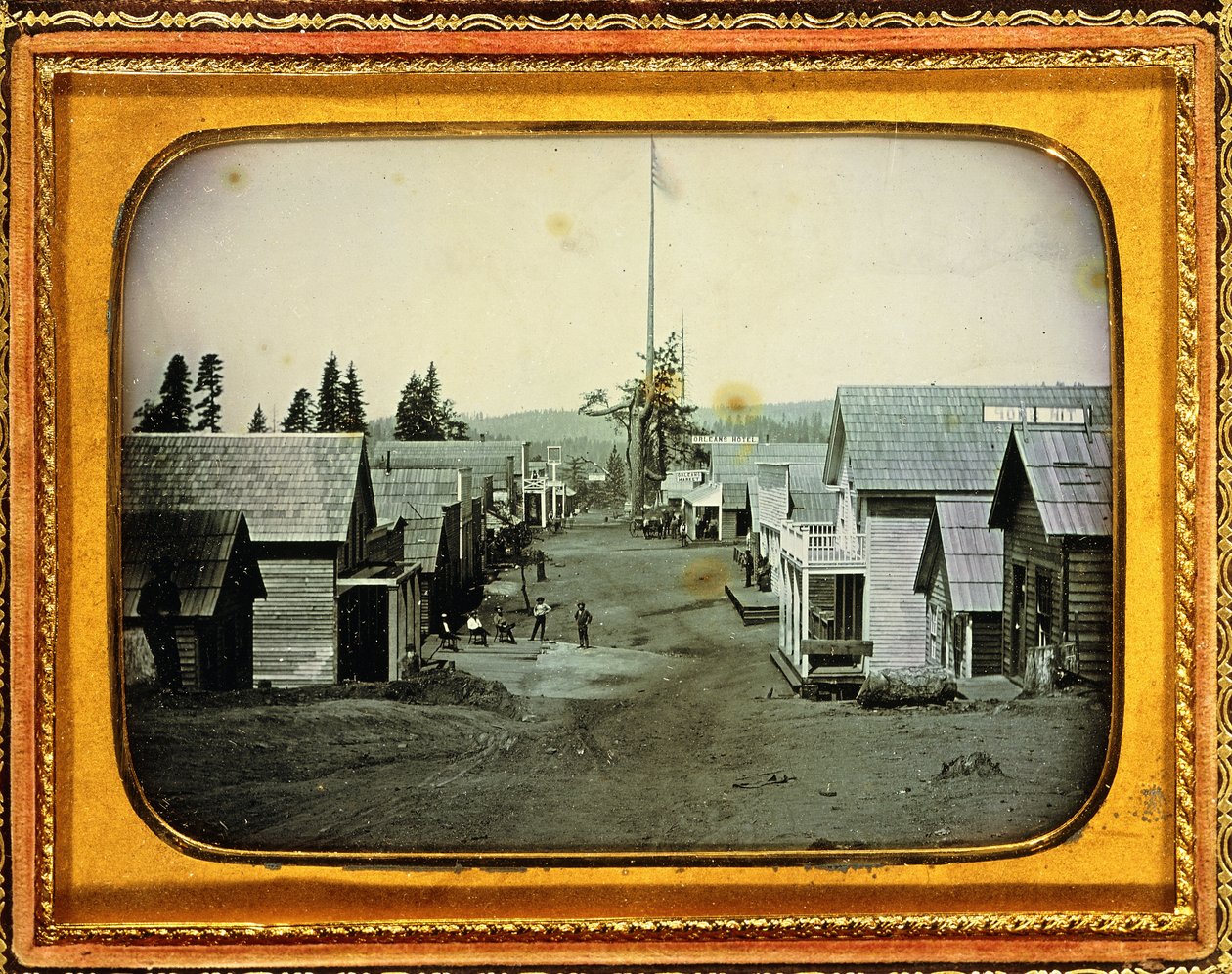 California Gold Mining Town, ca. 1852 (halvplate daguerreotypi, preget lærveske) av American School