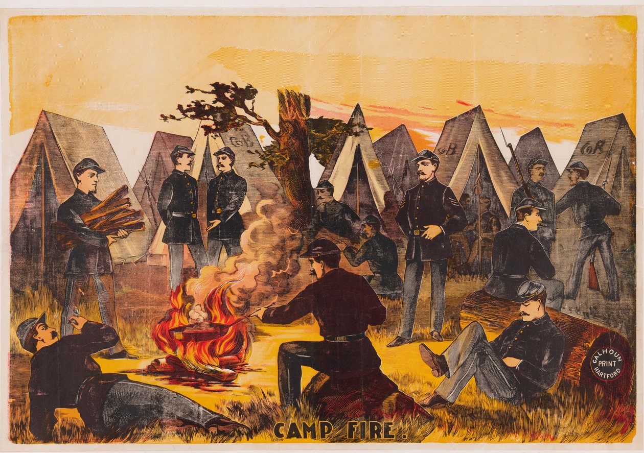 Camp Fire, pub. c1865 fargelitografi av American School