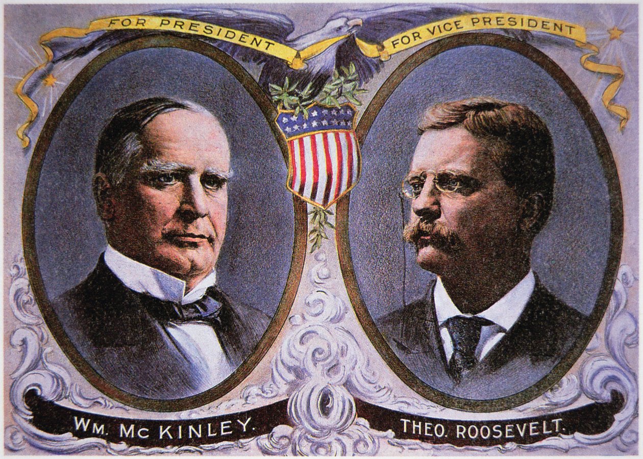 Kampanjeplakat for William Mckinley (1843-1901) som president og Theodore Roosevelt (1858-1919) som visepresident av American School