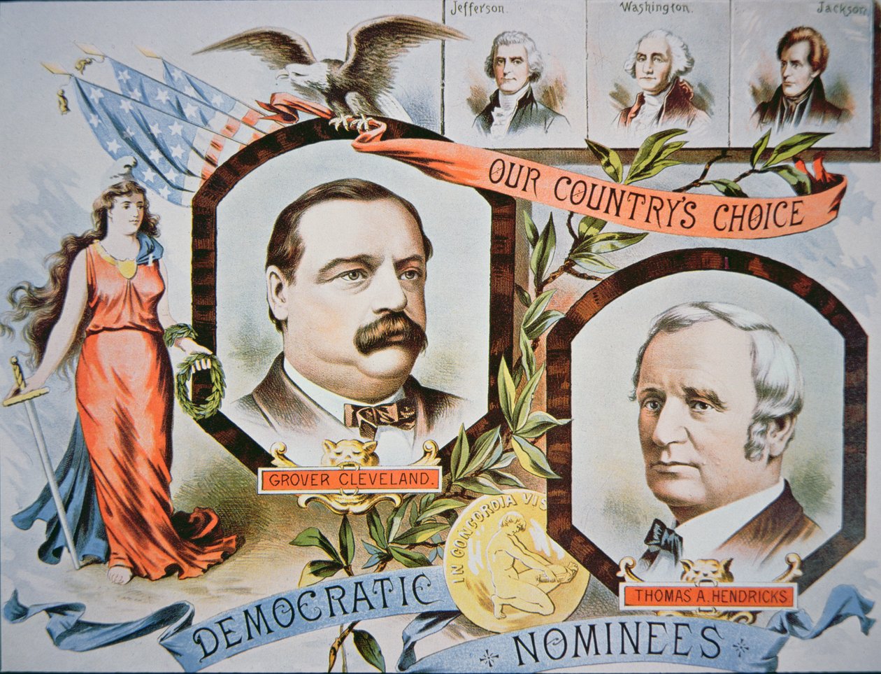 Kampanjeplakat for presidentkandidat Grover Cleveland og kandidat, Thomas A. Hendricks (1819-85) av American School