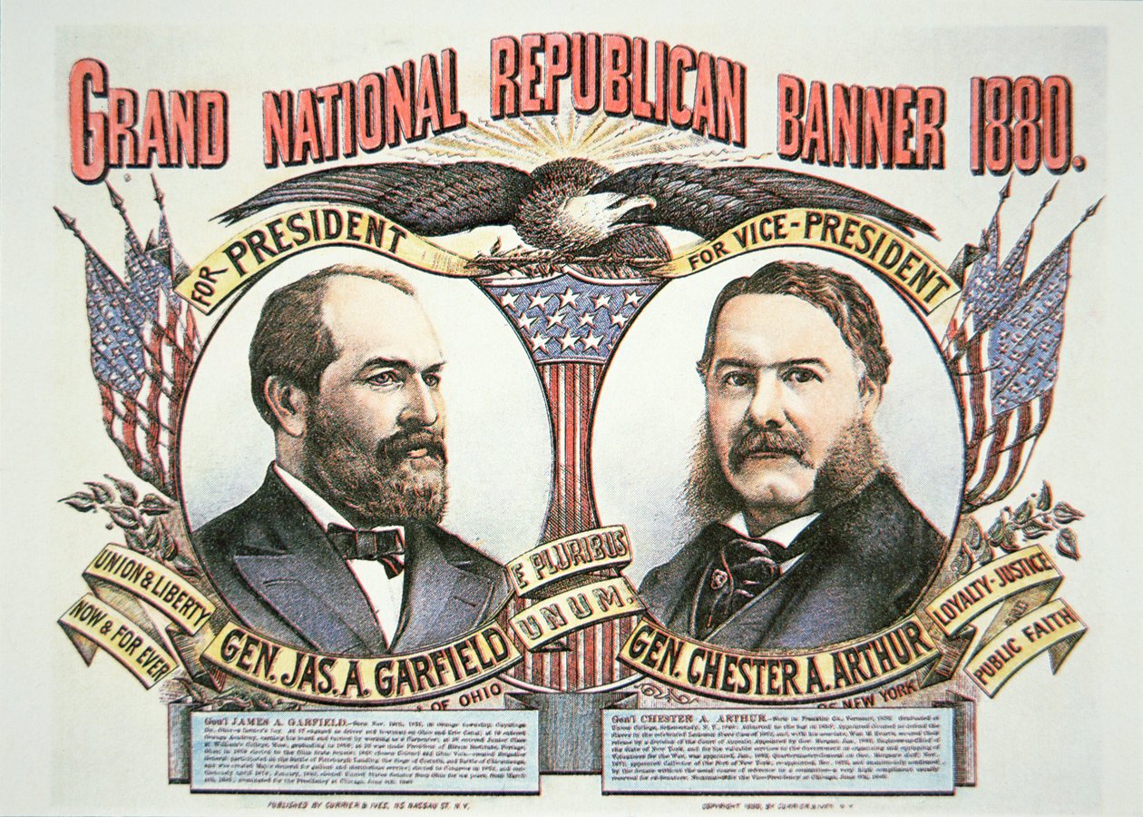 Kampanjeplakat for presidentkandidat James A. Garfield (1831–81) og løpskamerat, Chester A. Arthur (1829–86) 1880 (farge litho) av American School