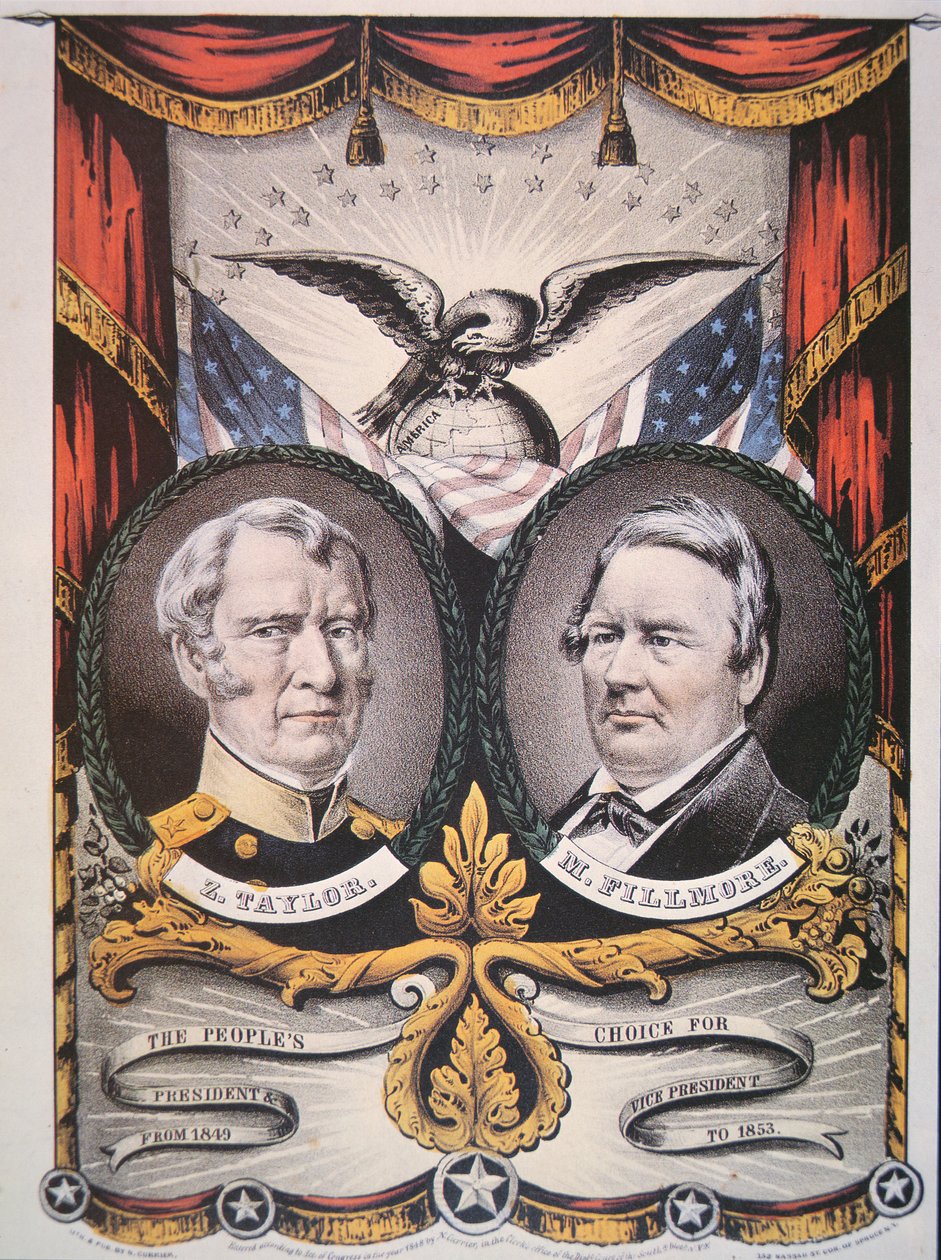Kampanjeplakat for presidentkandidat Zachary Taylor (1784-1850) og løpskamerat, Millard Fillmore (1800-74) 1848 (farge litho) av American School