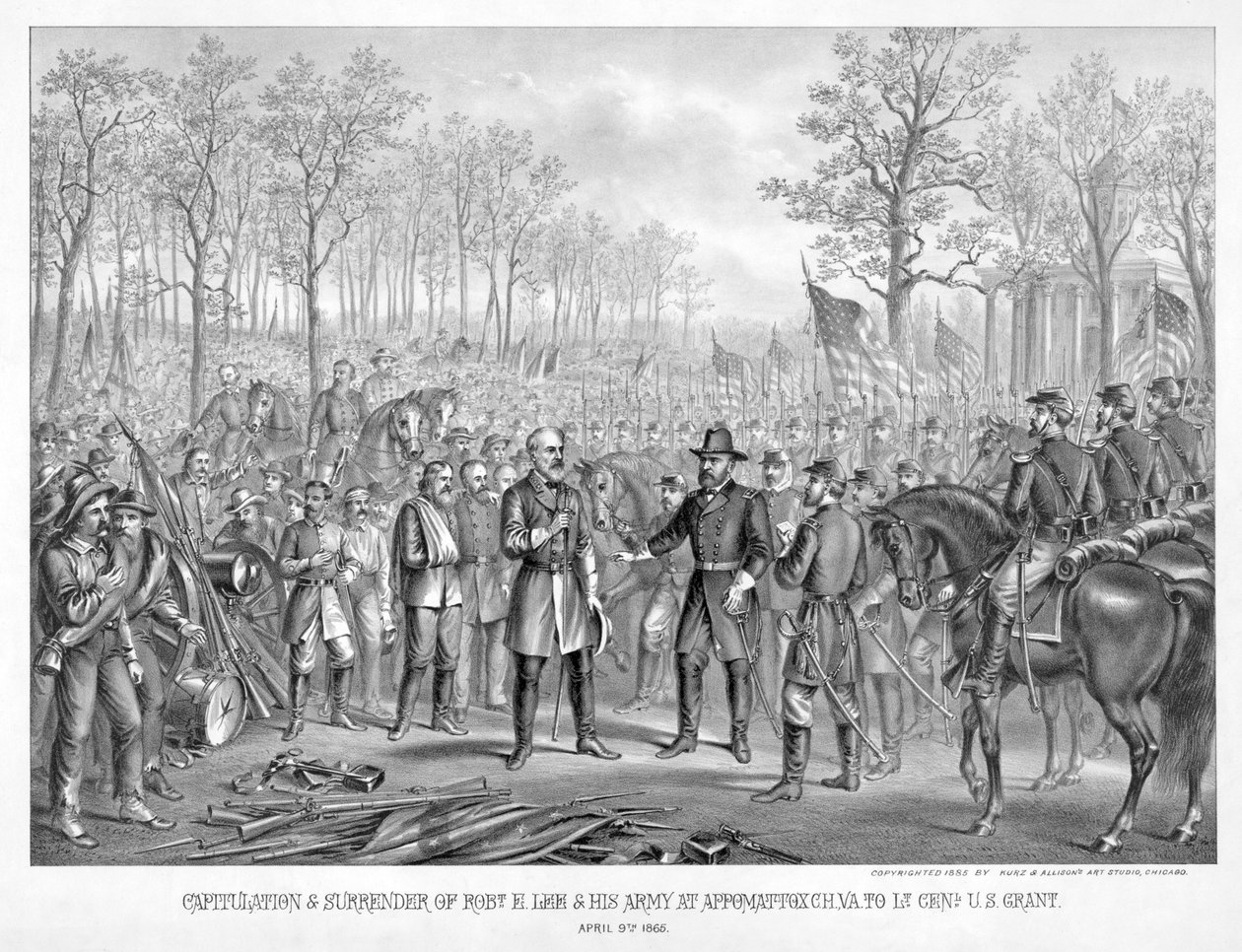 Kapitulasjon og overgivelse av Robert. E. Lee & His Army i Appomattox Chi., Va. til Lt. Gen. U.S. Grant, 9. april 1865, pub. 1885 (gravering) av American School