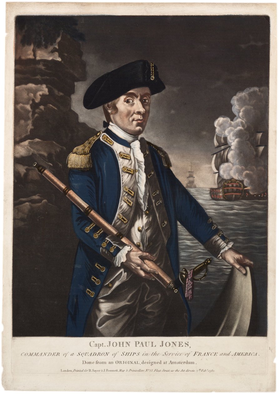 Kaptein John Paul Jones, sjef for en skvadron av skip i tjeneste for Frankrike og Amerika, 1780 (håndfarget mezzotint) av American School