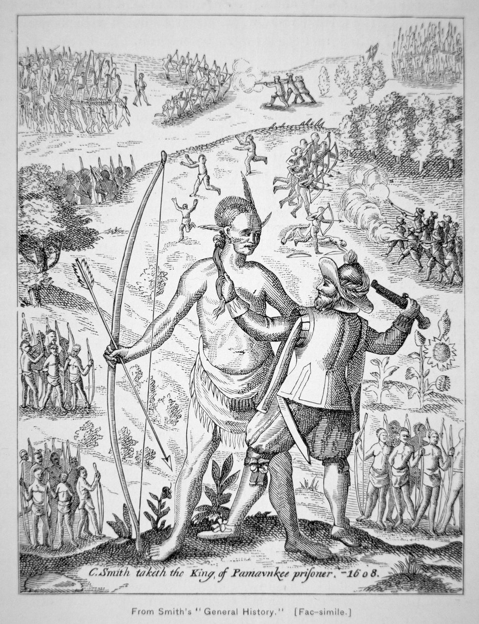 Kaptein John Smith (1580-1631) fanget en indianerhøvding i 1608, fra Smiths 'General Historie of Virginia, New England & the Summer Isles' av American School