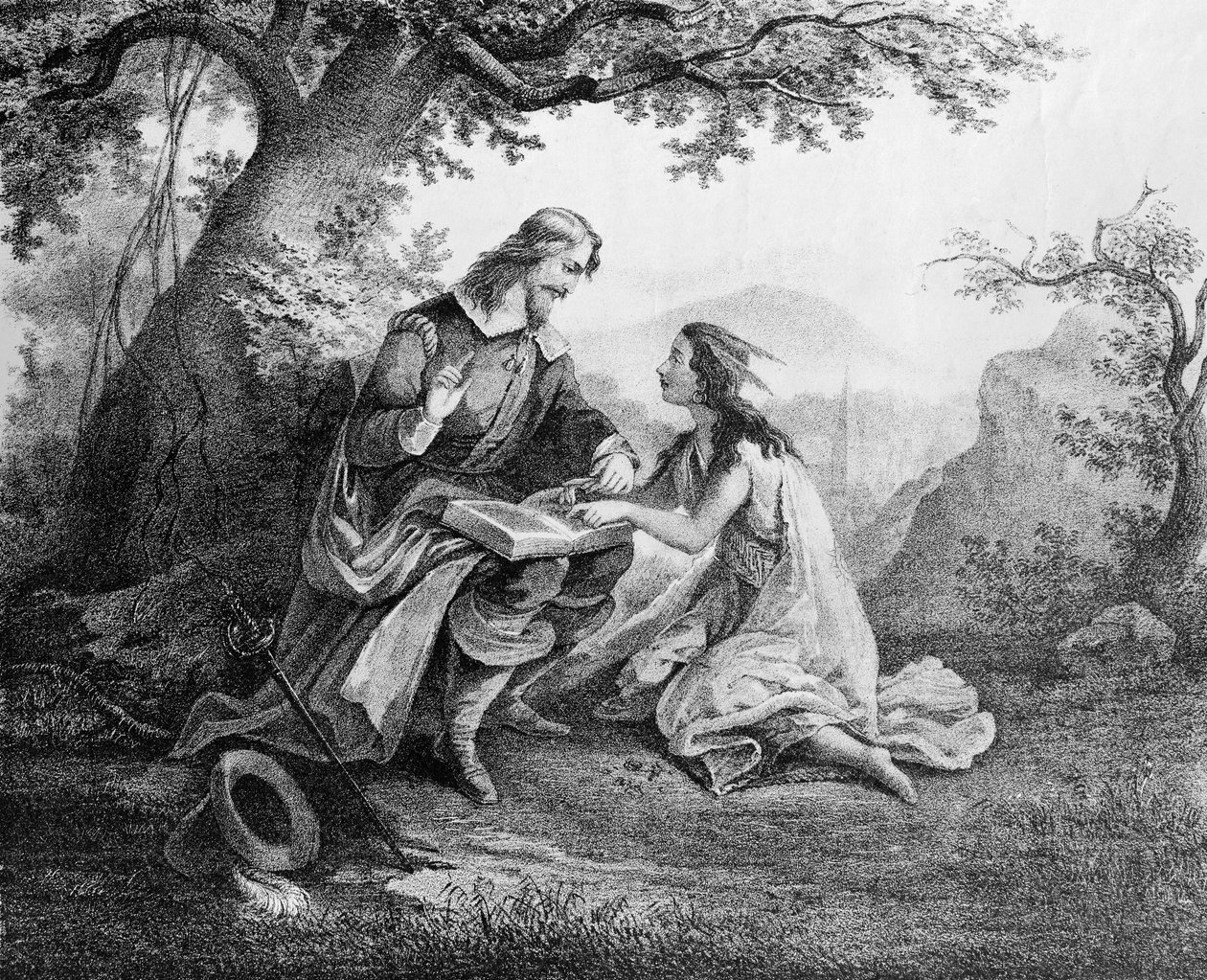 Kaptein John Smith (1580-1631) lærer Pocohontas (ca. 1595-1617) å lese av American School