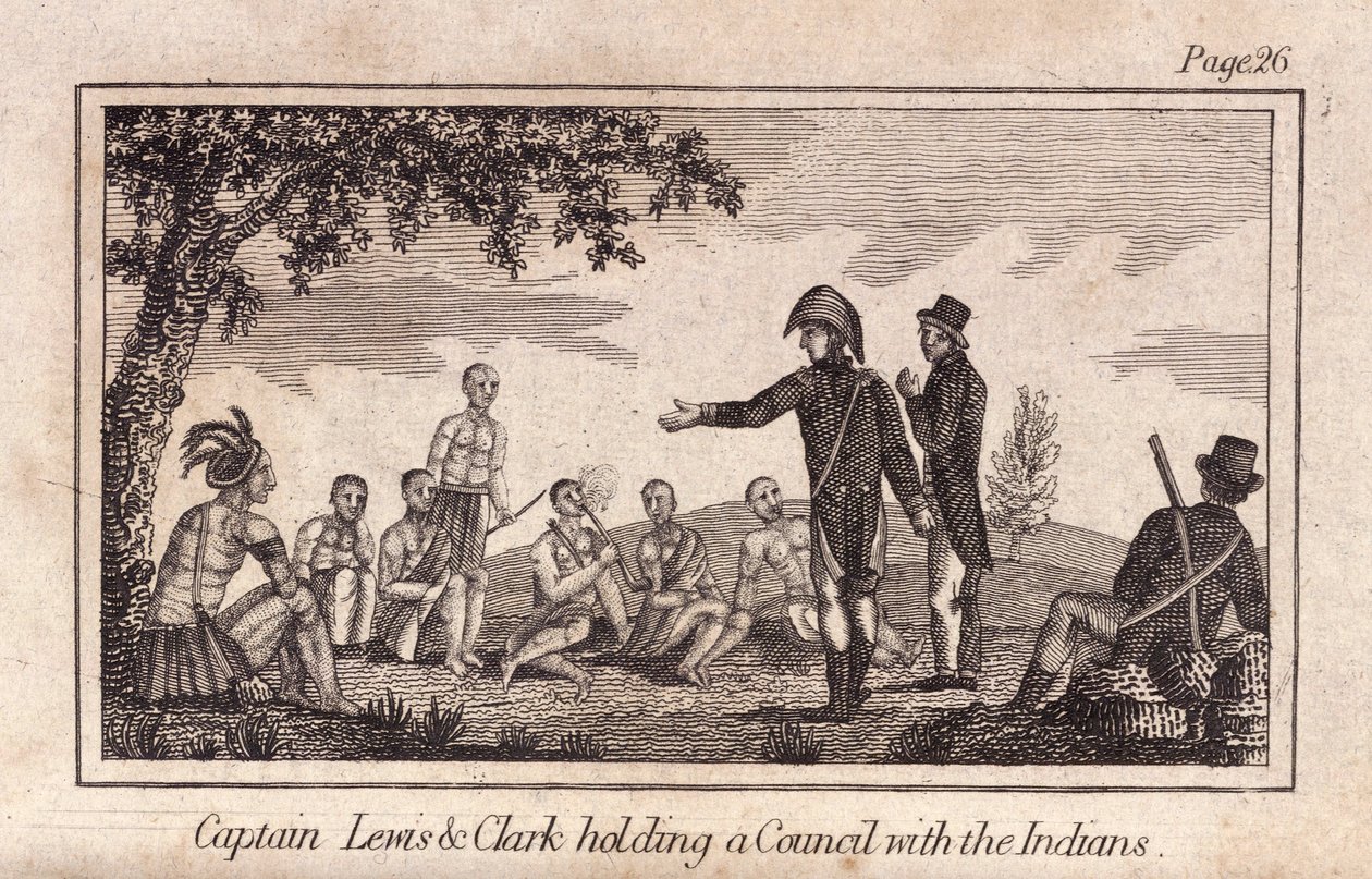 Kaptein Lewis & Clarke holder et råd med indianerne, pub. 1812 (gravering) av American School