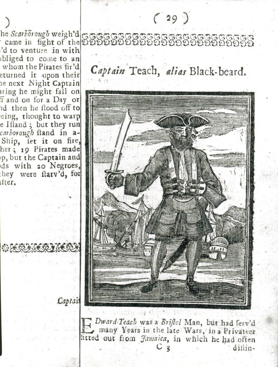 Captain Teach, Alias Black Beard, fra History and Lives of All the Most Notorious Pirates and their Crews, London, 1725 av American School
