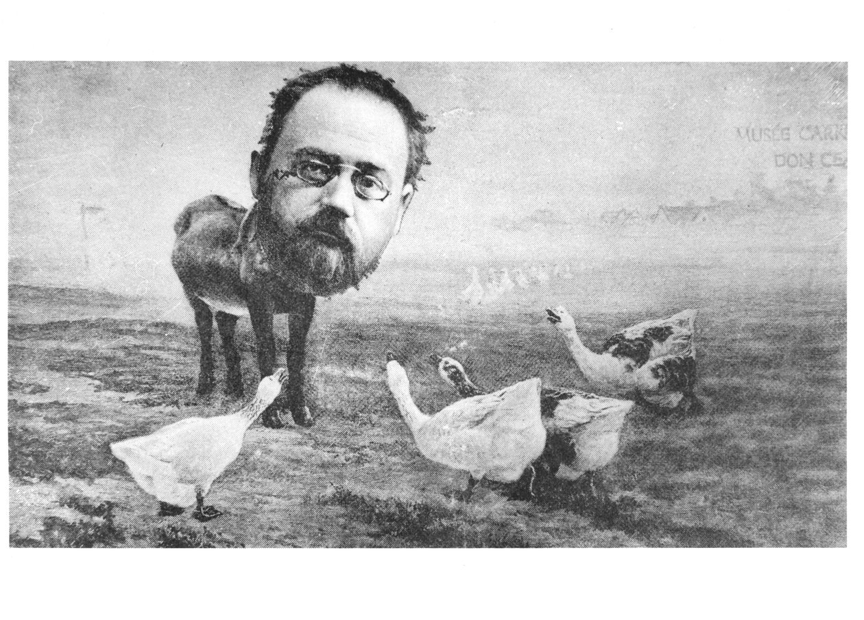 Karikatur av Emile Zola (1840-1902), eselet og gjessene; fra Life, 4. april 1889 av American School
