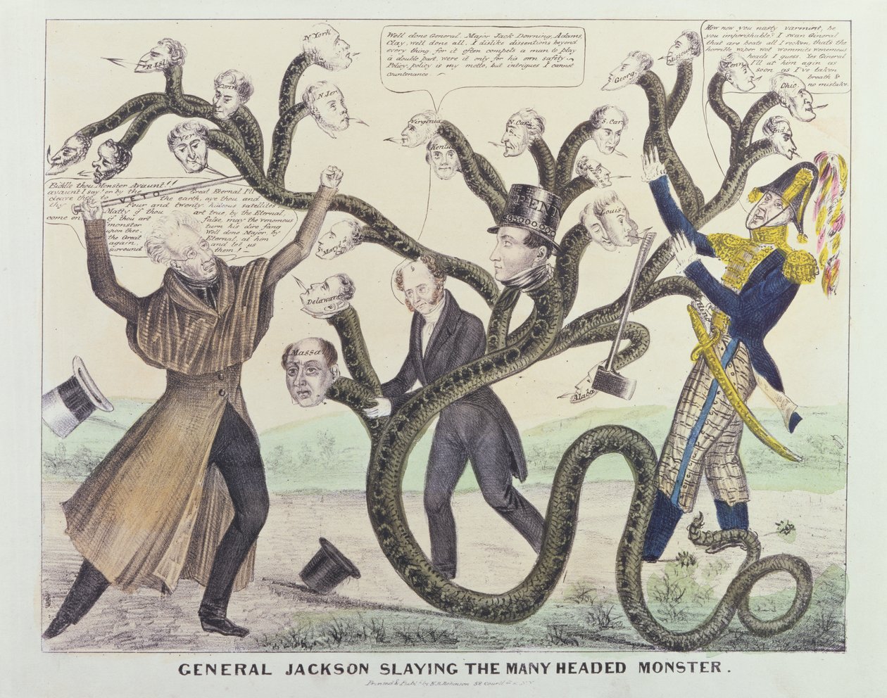 Karikatur av general Jackson (1767-1845) Slaying the Many Headed Monster, utgitt av HR Robinson, ca. 1836 (penn og blekk, blyant og wc på papir) av American School