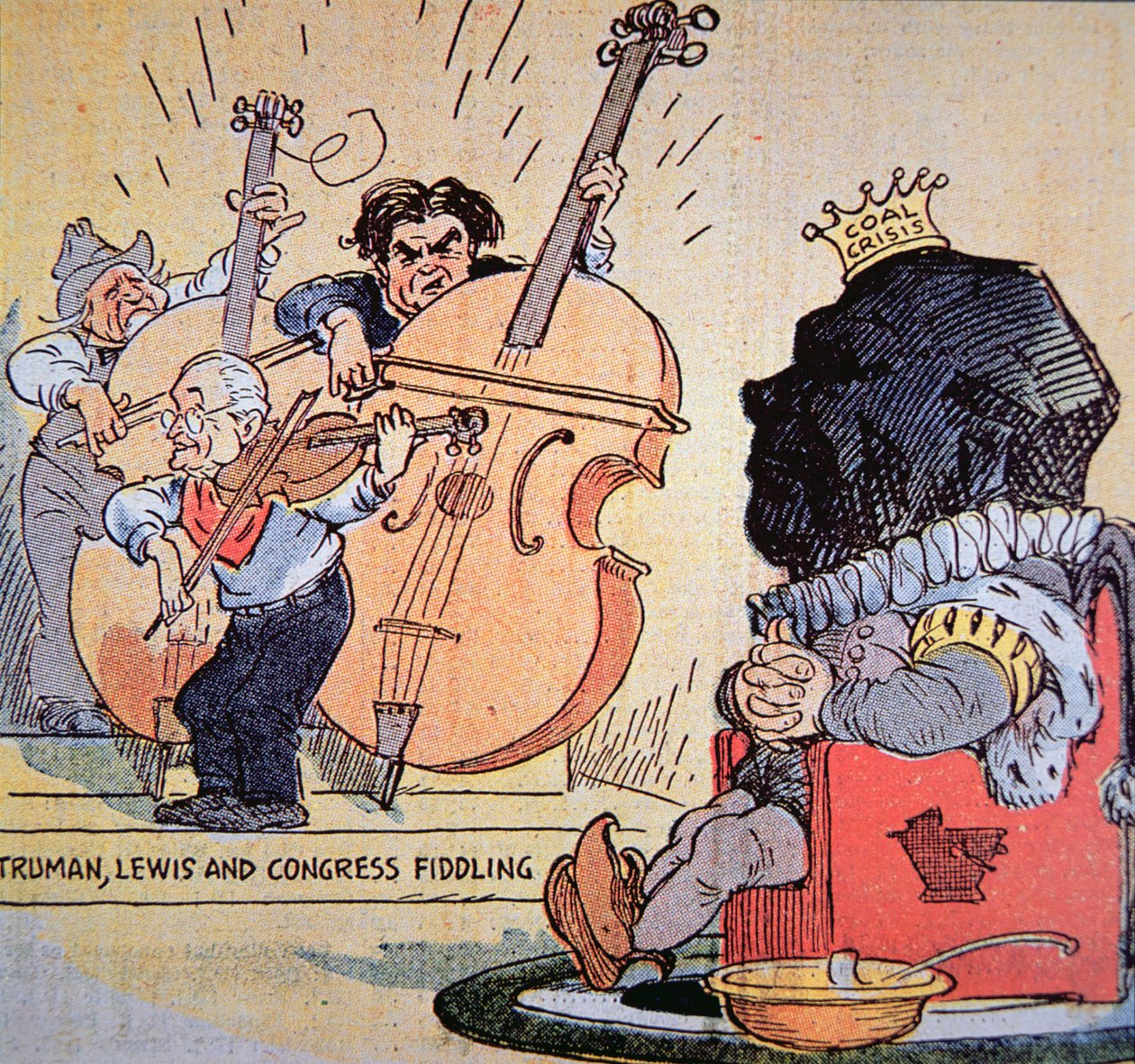 Karikatur av Harry S. Truman (1884-1972) med John Llewellyn Lewis (1880-1969) og kongressen fikler av American School