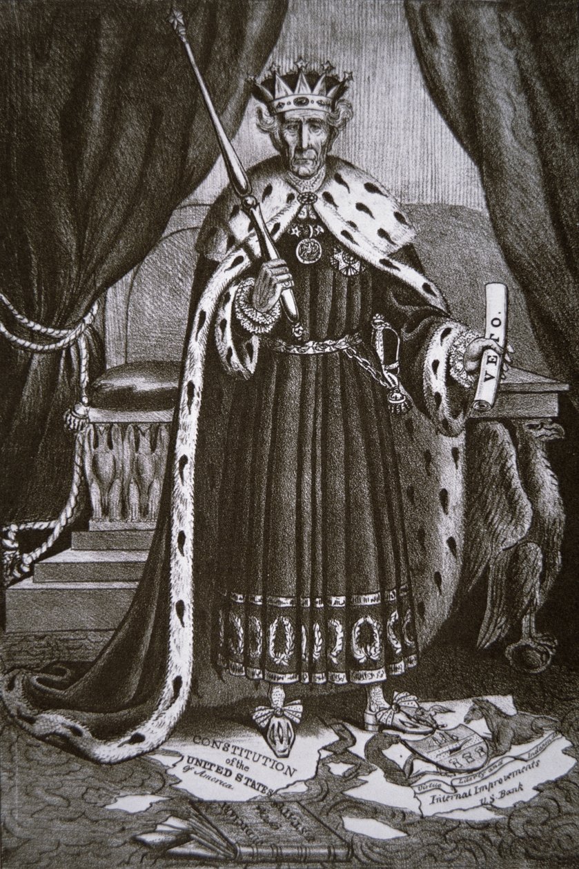 Tegneserie som viser general Andrew Jackson som "King Andrew den første" av American School