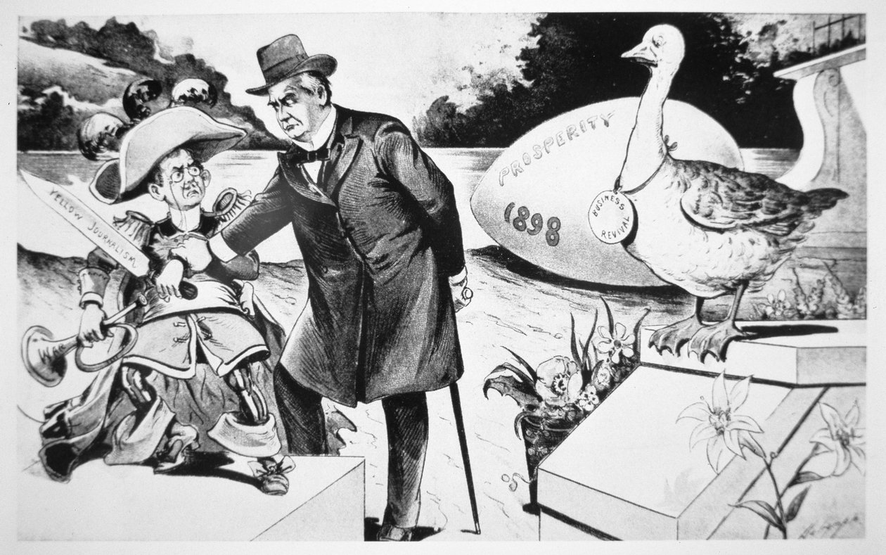 Tegneserie som viser president Mckinley som prøver å dempe den "gule pressen" for å piske opp offentlig krigsfeber mot Spania av American School