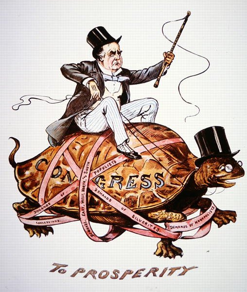 Tegneserie som viser president William Mckinley (1843-1901) som prøver å drive sin politikk gjennom kongressen (farge litho) av American School