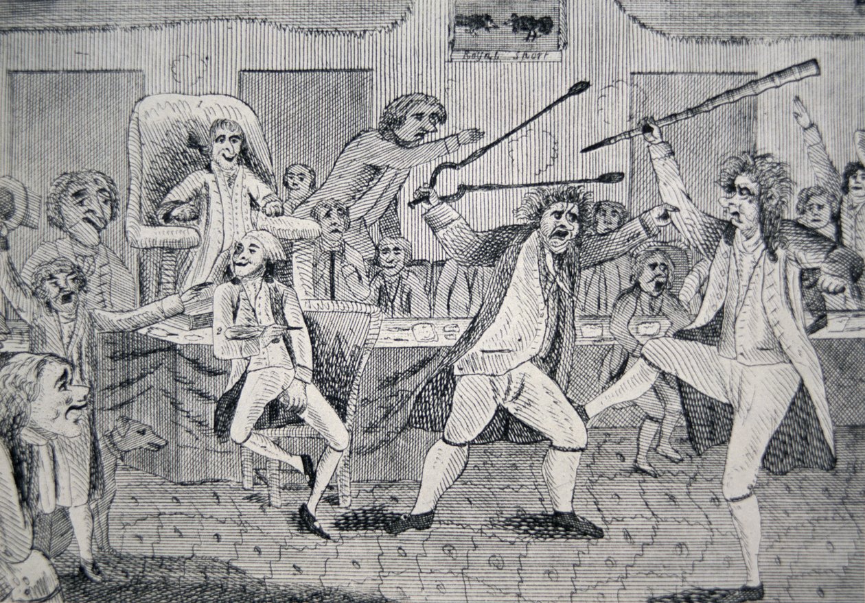 Tegneserie som viser "kampen på gulvet i kongressen mellom republikaneren Matthew Lyon og federalisten Roger Griswold" av American School