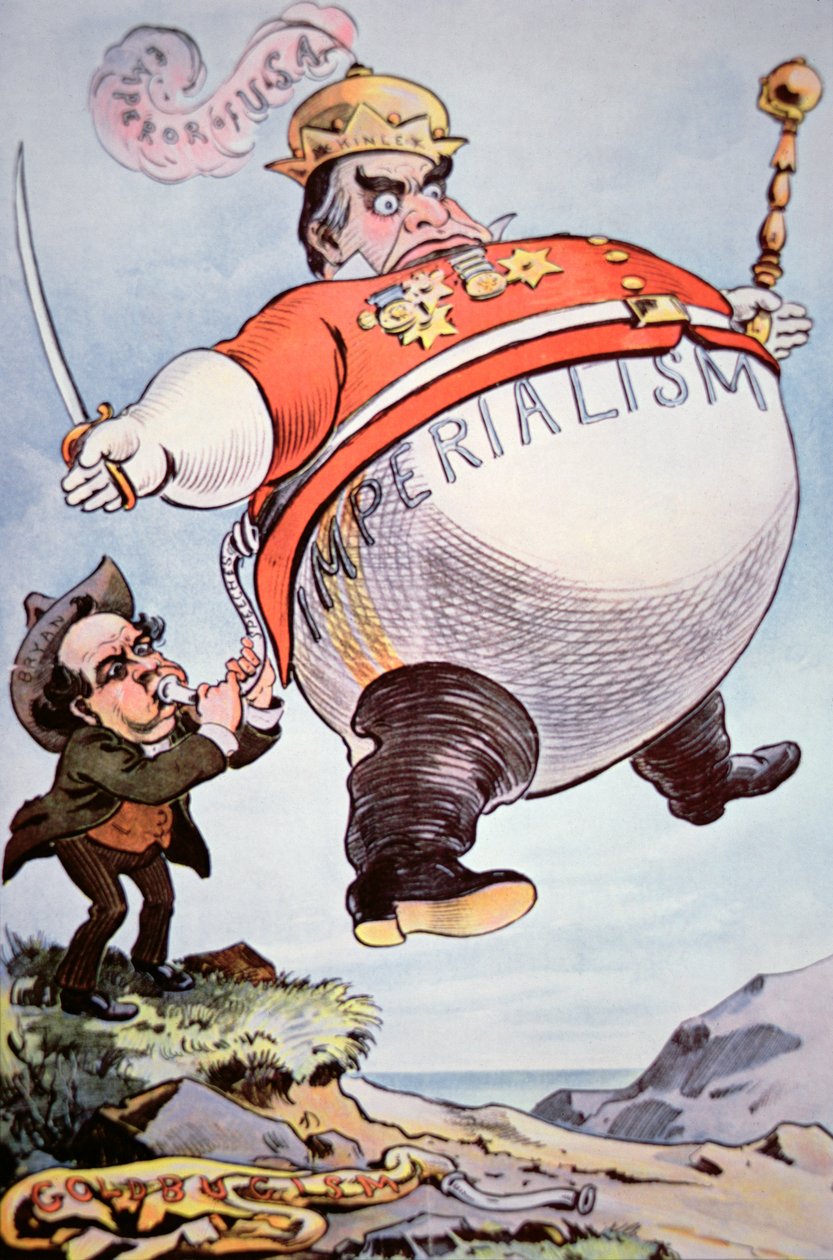 Tegneserie viser William Jennings Bryan (1860-1925) som sprenger den 'imperialistiske vindsekken' William Mckinley (1843-1901) fra 'Puck' av American School
