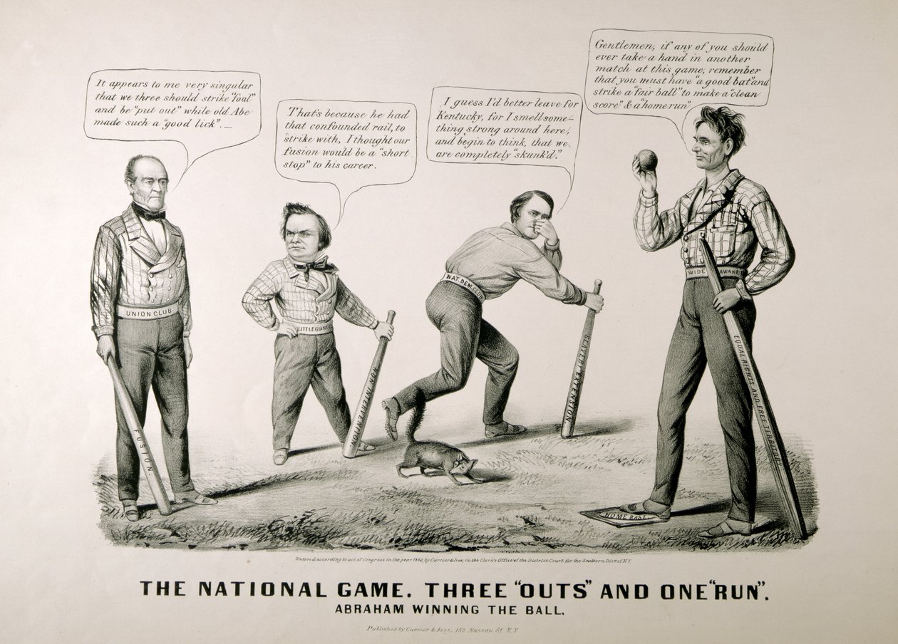 Tegneserie som viser Abraham Lincoln (1809-65) som vinner ballen mot motstanderne Douglas, Bell og Breckenridge i presidentvalget i 1860, 1860 av American School