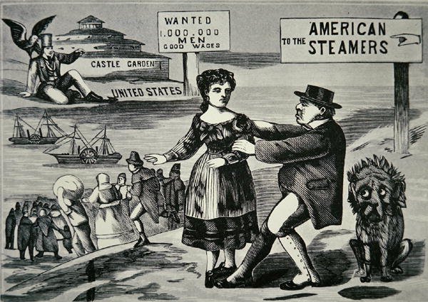 Tegneserie som viser John Bull som prøver å stoppe den økende strømmen av arbeidere til USA, ca. 1850 (gravering) av American School