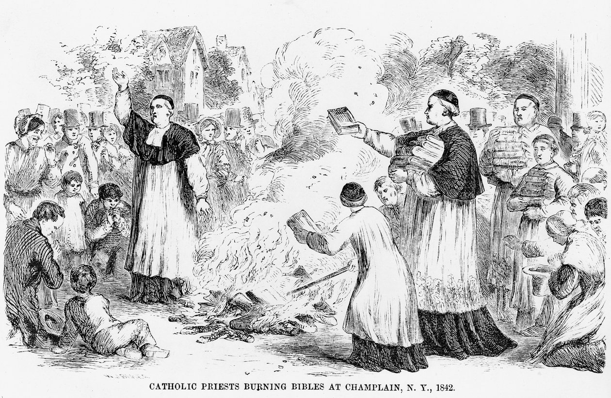 Katolske prester som brenner bibler i Champlain, New York, illustrasjon fra en anti-katolsk brosjyre, 1842 av American School