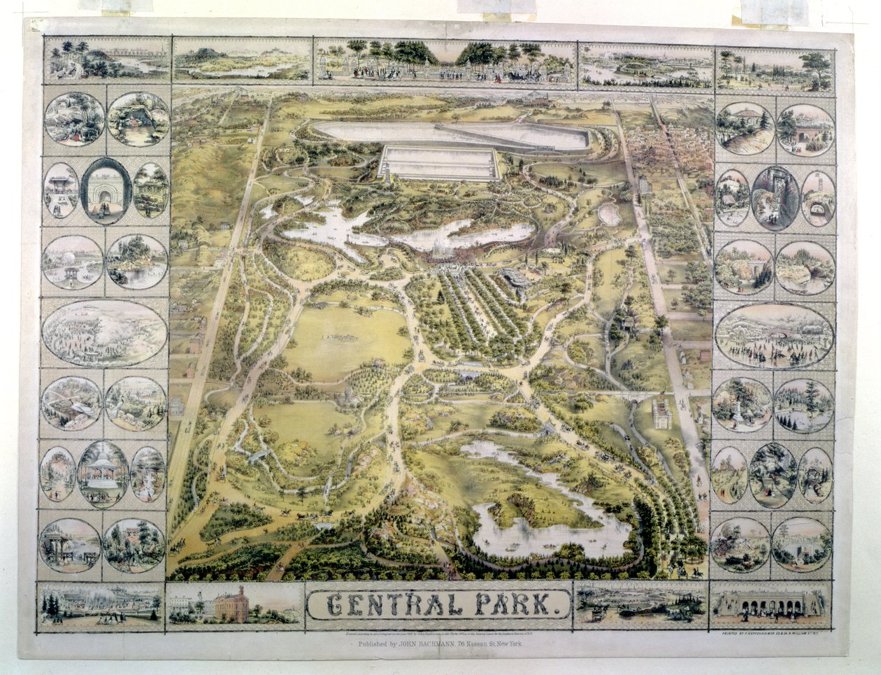 Central Park, Looking North from 59th Street, gravert av puben F. Hepperheimer (fl.1849-79). av John Bachmann, New York, 1863 av American School