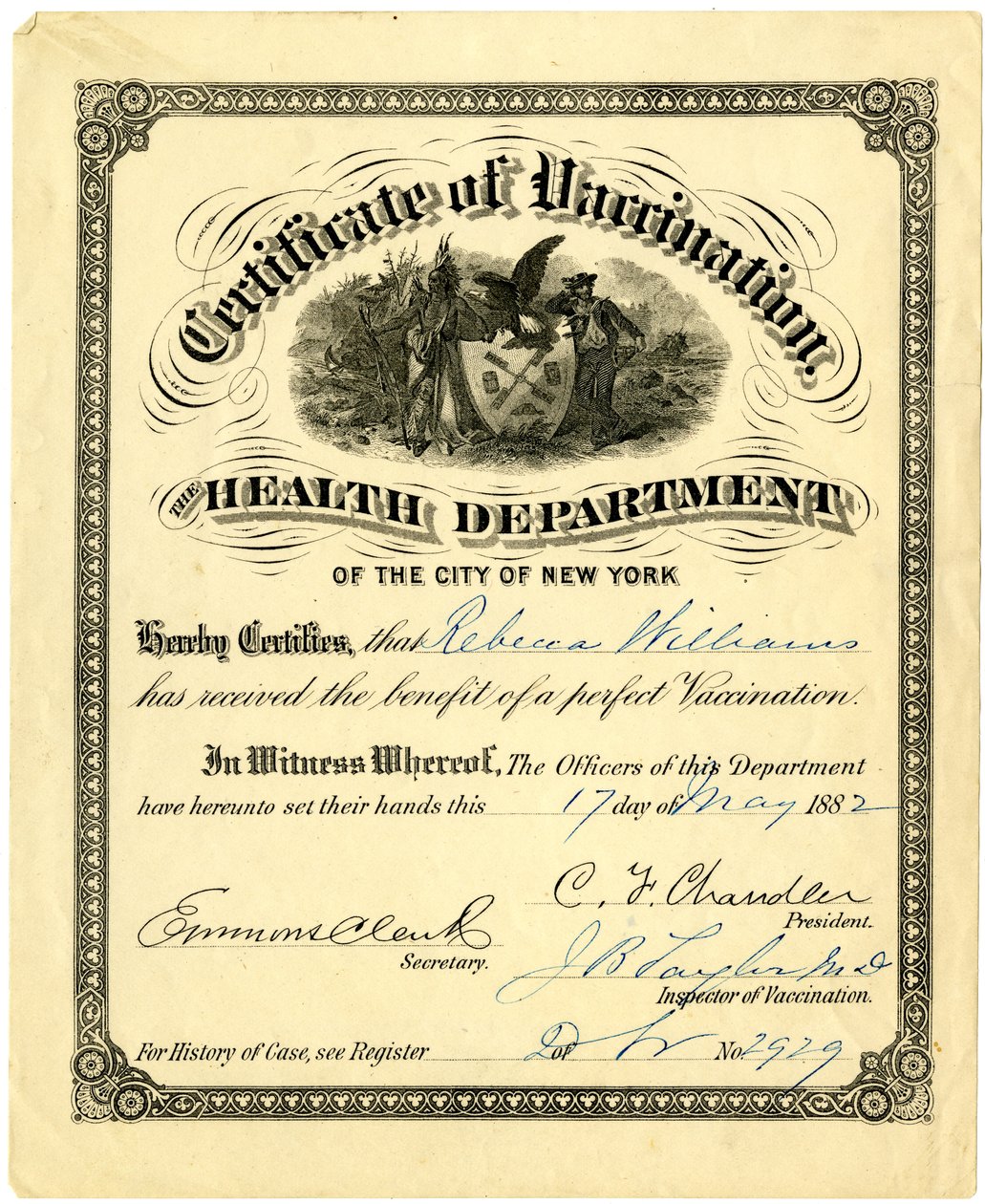 Vaksinasjonssertifikat, helsedepartementet i byen New York..., 1882 (gravering [sertifikat] fylt ut med blekk) av American School
