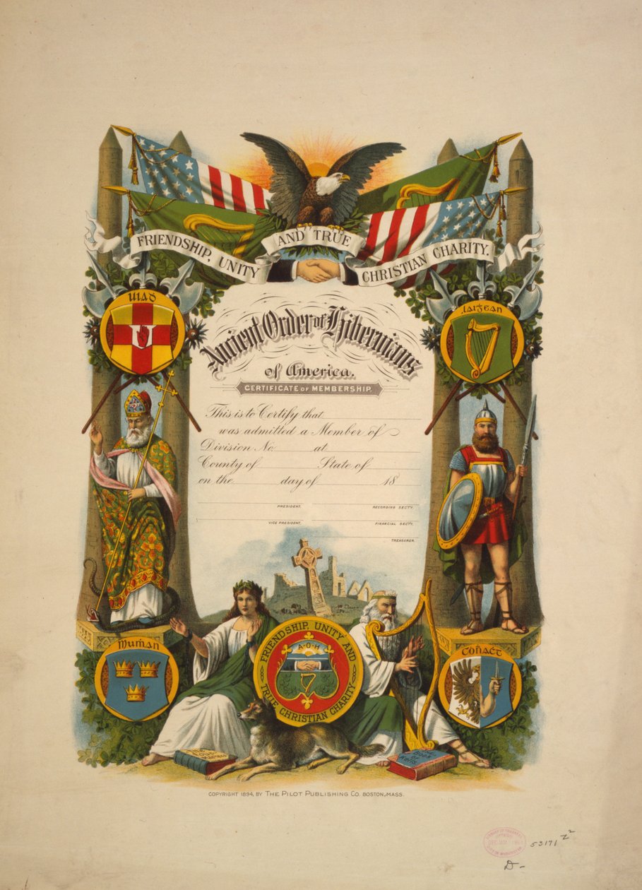 Sertifikat for medlemskap i Ancient Order of Hibernians of America, ca. 1894 (fargelitografi) av American School
