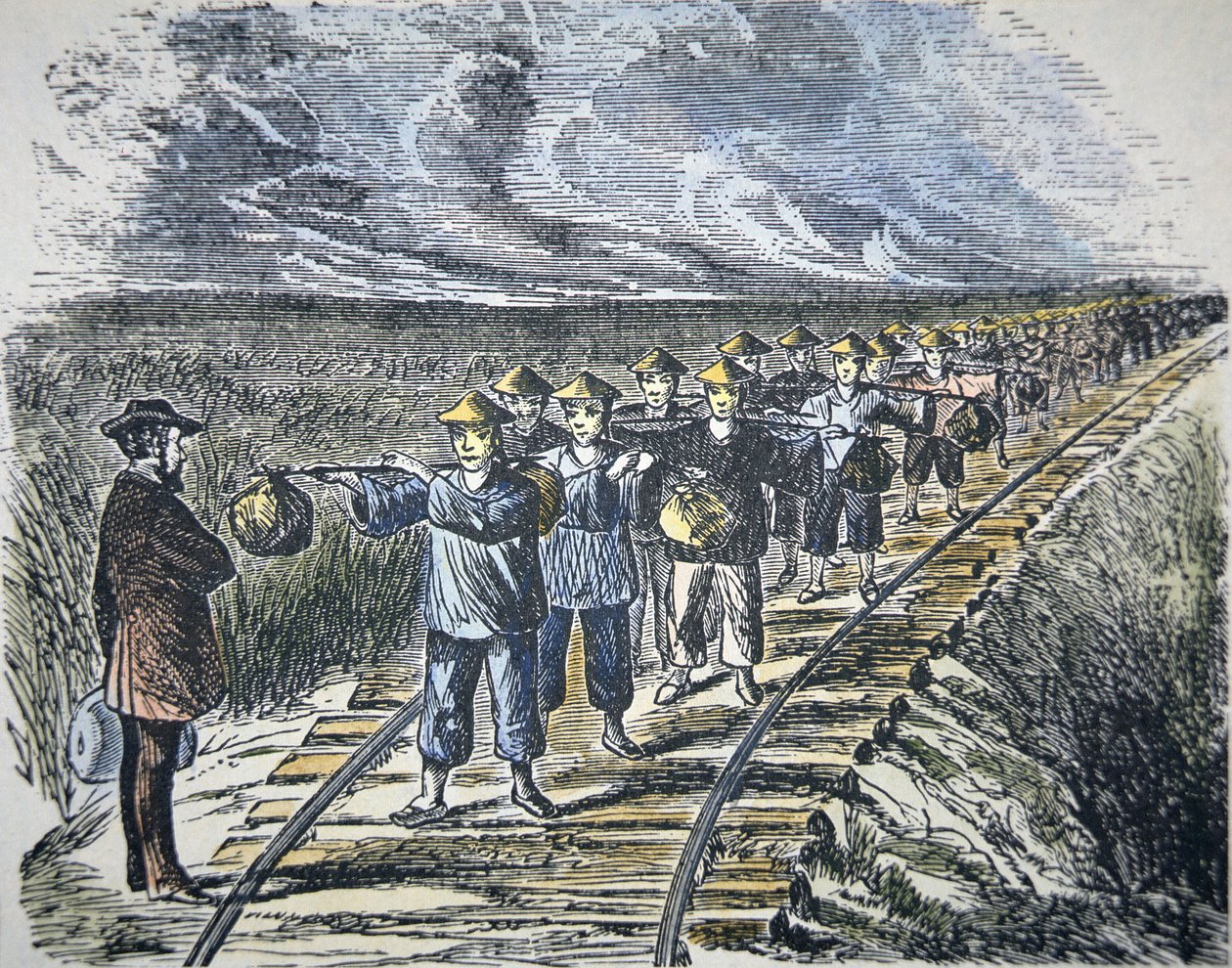 Charles Crocker (1822-88) og hans kinesiske arbeidsstyrke som konstruerte Central Pacific Railroad, fullførte 1869 (farge litho) av American School