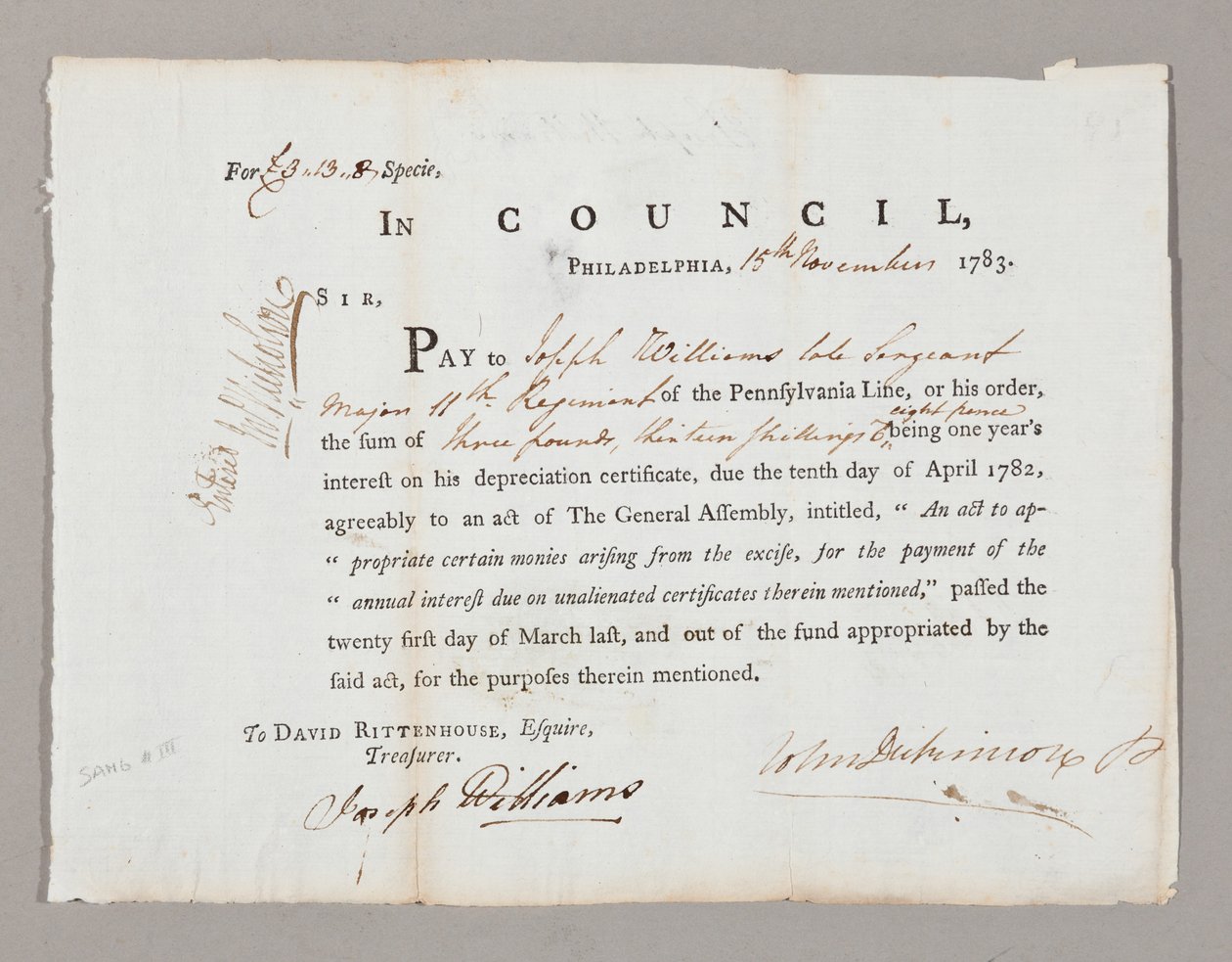 Sjekk for tre pund og tretten shilling til Joseph Williams, 13. november 1783 av American School