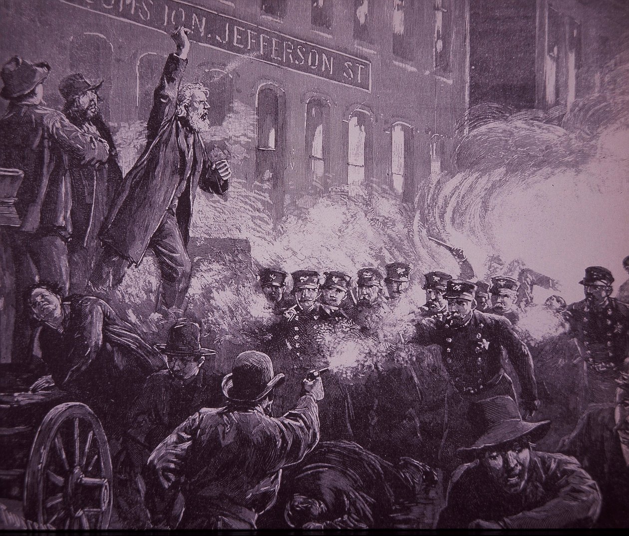 Chicago Haymarket Labor Riot fra 1886, gravering publisert i Harper