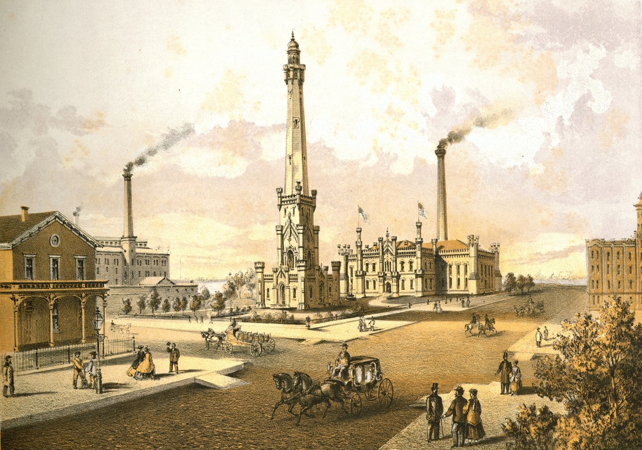 Chicago Water Works, fra Chicago Illustrated, med litterære beskrivelser av James W. Sheahan, utgitt av Jevne & Almini, Chicago, 1866-67 av American School