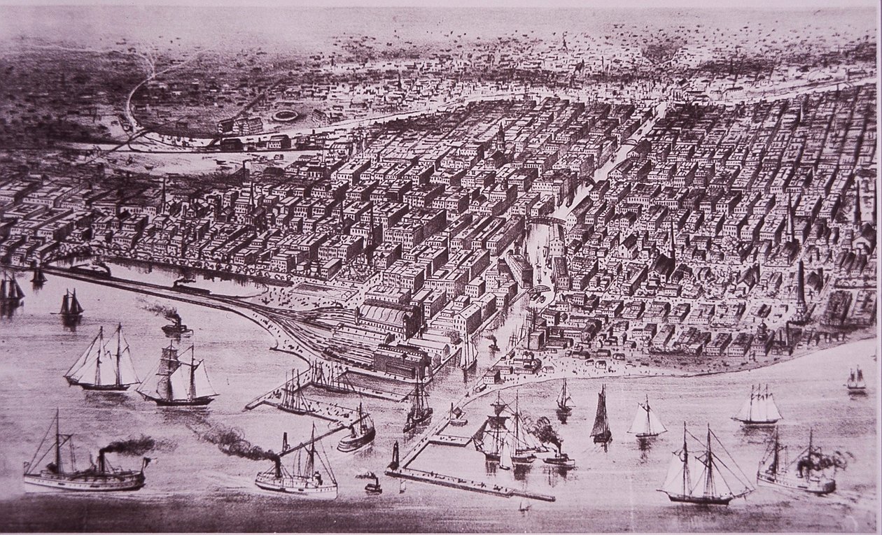 Chicago før den store brannen i 1871, ca. 1870 (litho) av American School