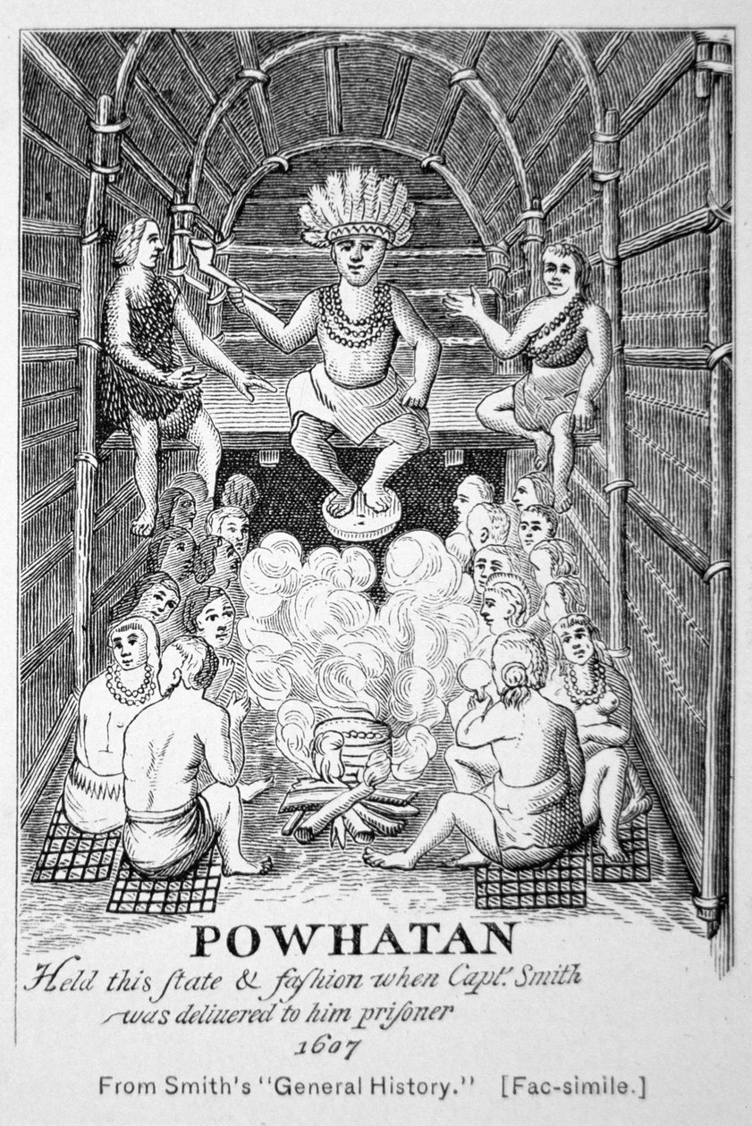 Chief Powhatan som han dukket opp i 1607, fra Smiths 'Generall Historie of Virginia, New England & the Summer Isles' av American School