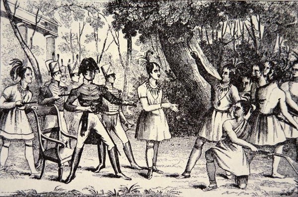 Sjef Tecumseh (1768-1813) trosser general Harrison (1773-1841) (gravering) av American School