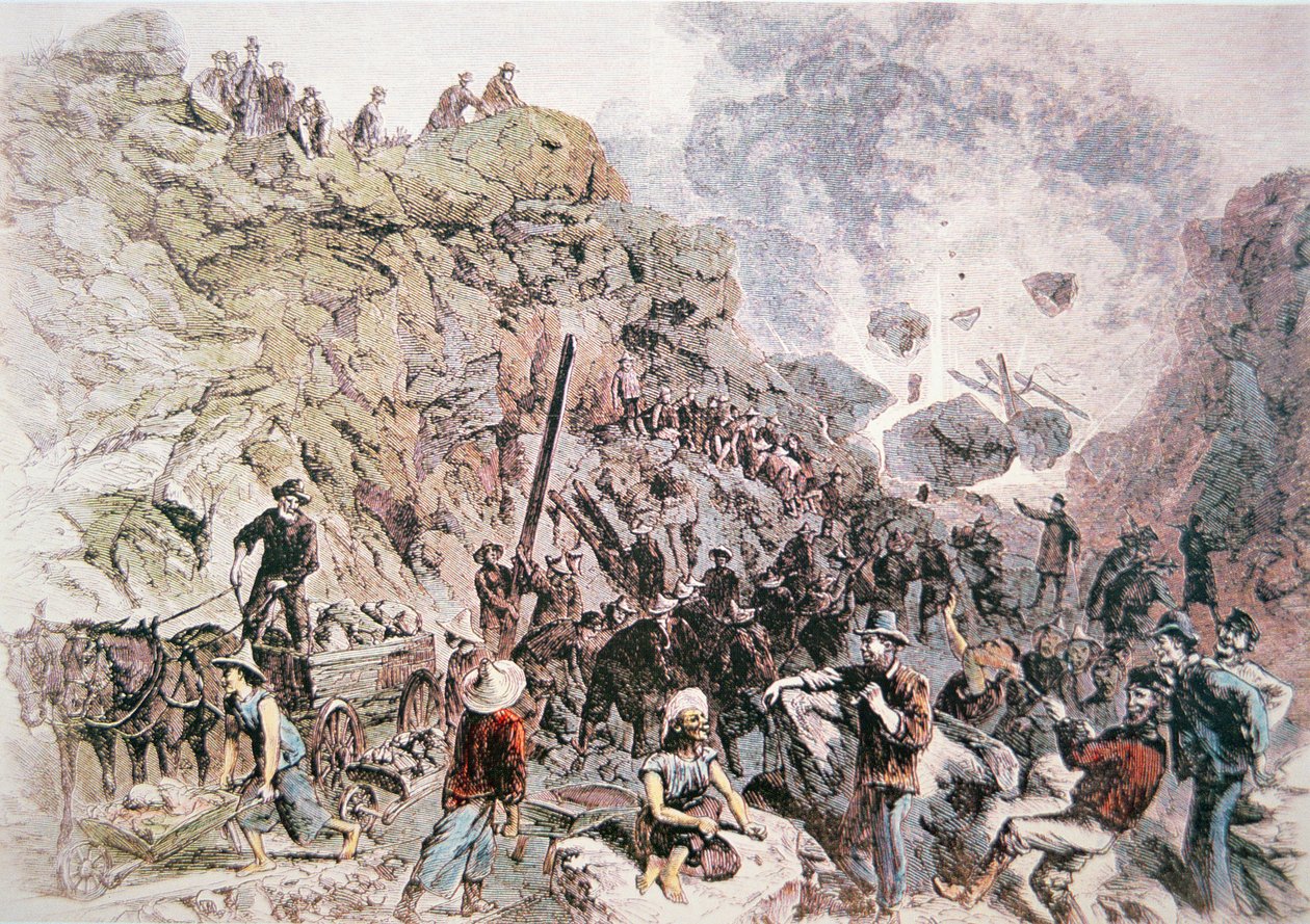 Kinesiske arbeidere som hjalp til med å bygge Central Pacific Railroad, fullført 1869 (farge litho) av American School