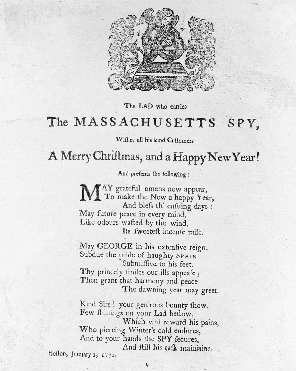 Julehilsener fra gutten som bærer Massachusetts Spy, trykt i Massachusetts Spy 1. januar 1771 (trykk) av American School