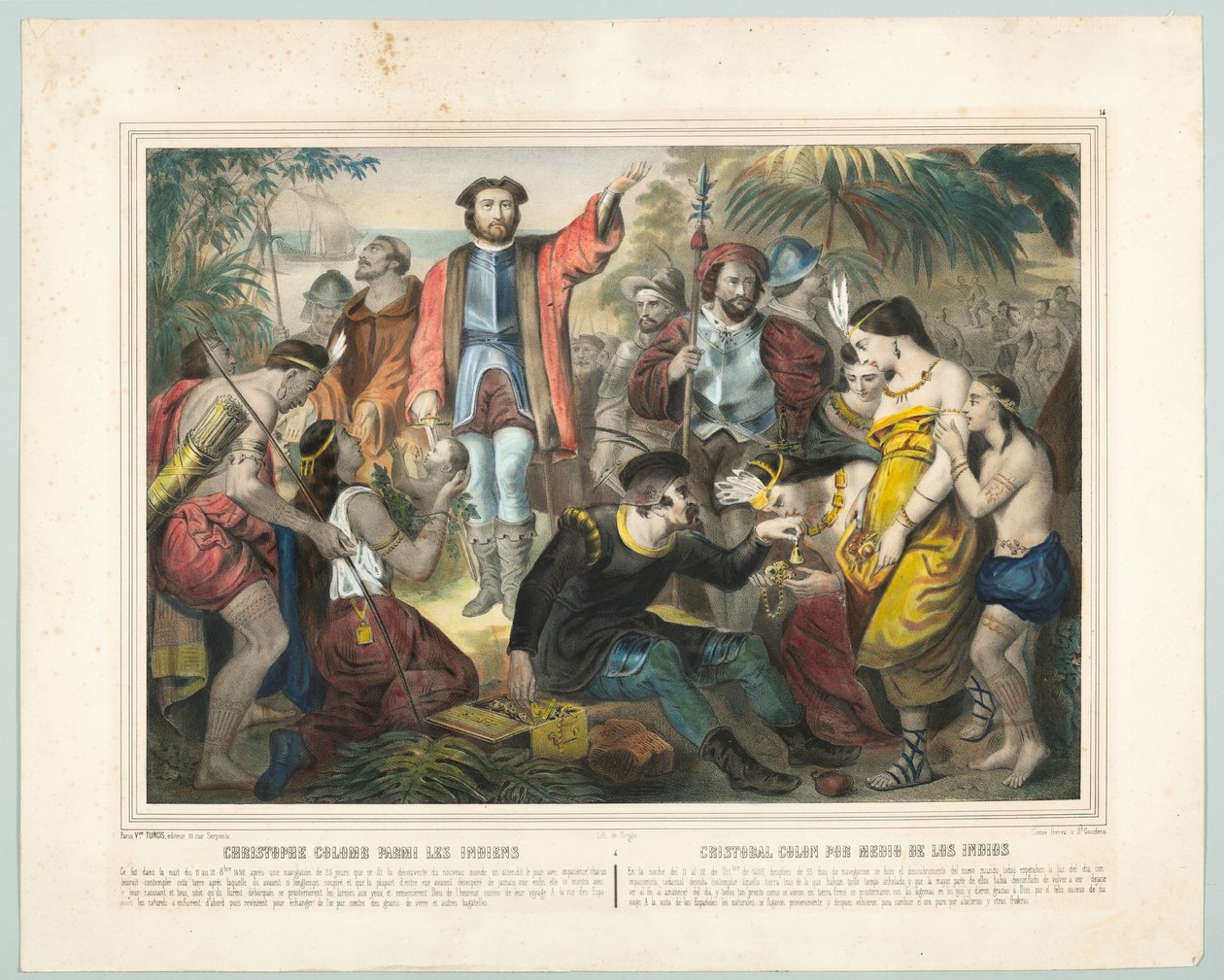 Christopher Columbus blant indianerne (farge litho) av American School