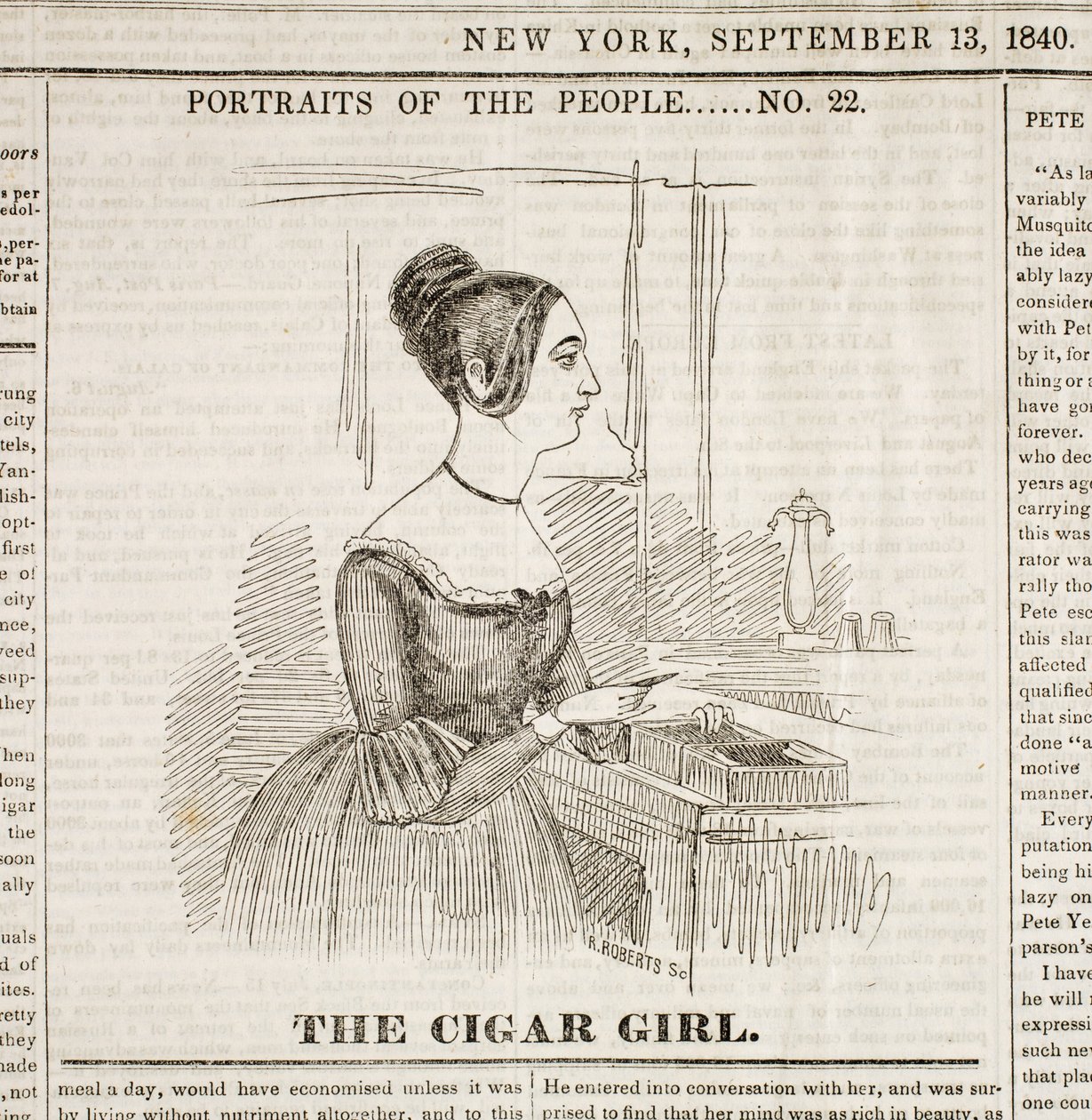 Cigar Girl, forsiden av "New York Sunday Atlas", 13. september 1840 av American School