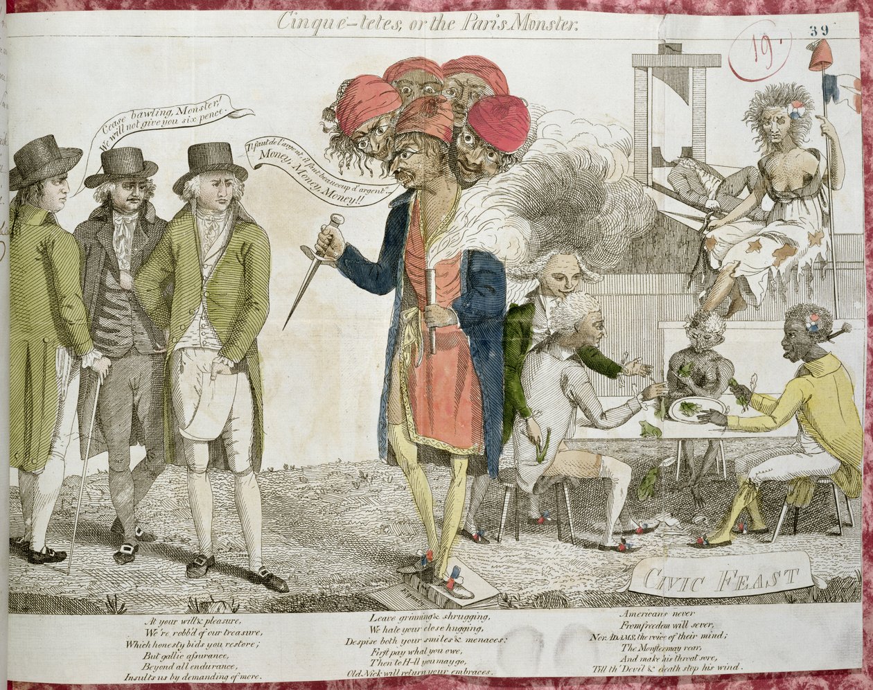 Cinque-Tetes eller Paris-monsteret, tegneserie som satiriserer XYZ-affæren, 1797 av American School
