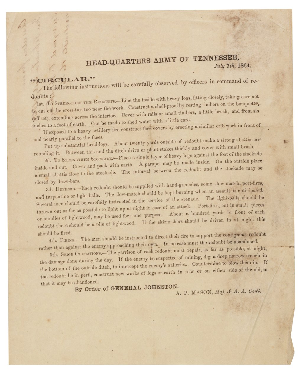 Rundskriv angående bygging og befestning av redutter brukt av Army of Tennessee, 7. juli 1864 av American School