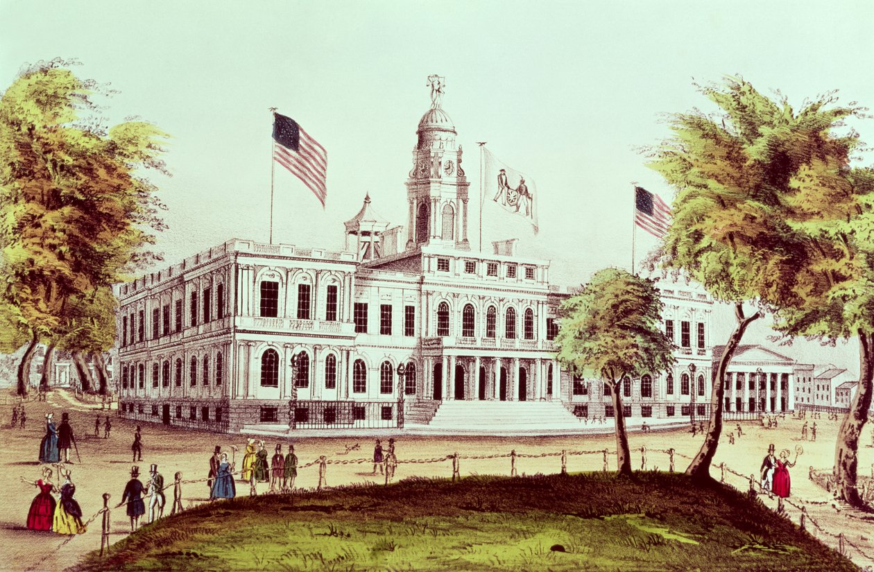 Rådhuset, New York, gravert av Nathaniel Currier (1813-88) av American School