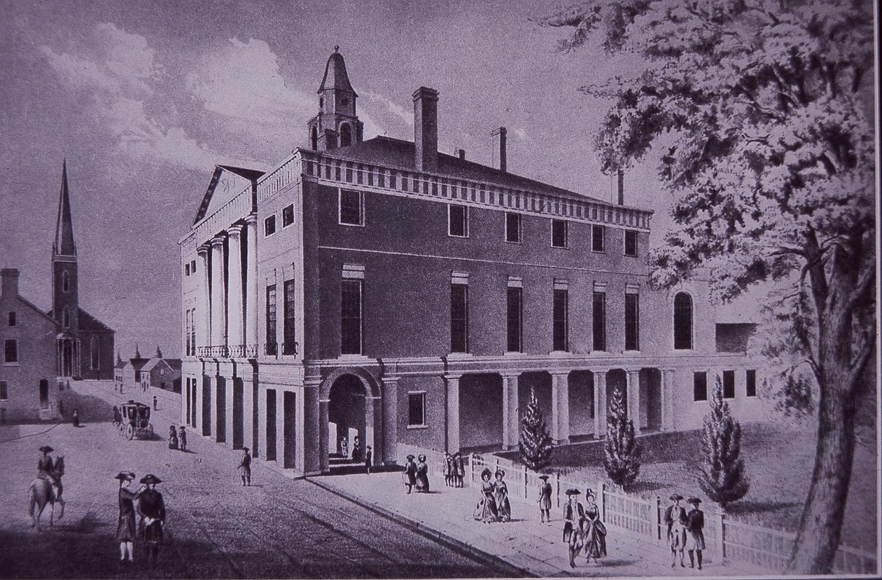 Rådhuset, Wall Street, New York City i 1790 (gravering) av American School