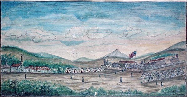 Byen og slottet i Perote, Mexico (akvarell på papir) av American School
