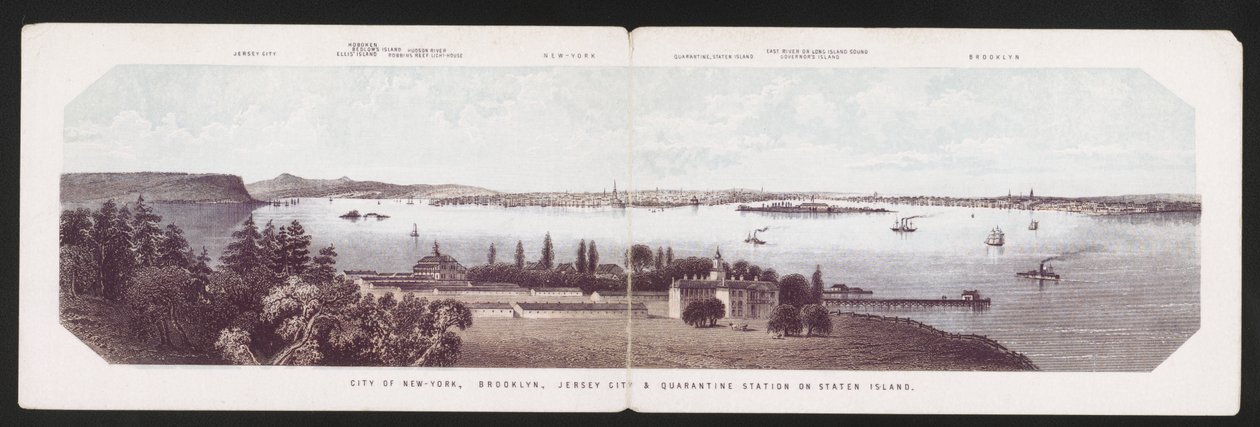 City of New-York, Brooklyn, Jersey City & Quarantine Station på Staten Island, ca. 1850 (farge litho) av American School
