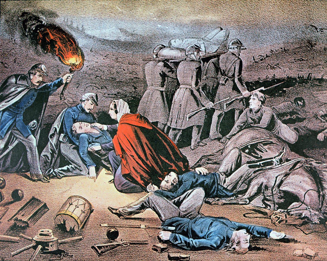 Clara Barton pleier såret under den amerikanske borgerkrigen (farge litho) av American School